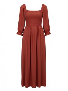 ZESICA Women's Square Neck 3/4 Puff Sleeve Smocked High Waist Flowy Maxi Dress.